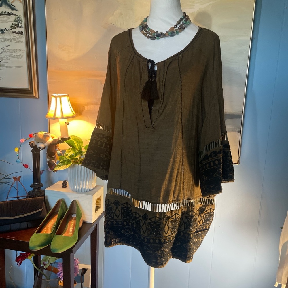 Free People Olive Tunic with Black Detailing